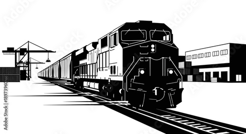 Freight train at industrial station with cargo containers