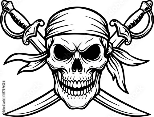 Pirate Skull Jolly Roger with Eyepatch Bandana and Crossbones Bold Black Line Art Vector Logo