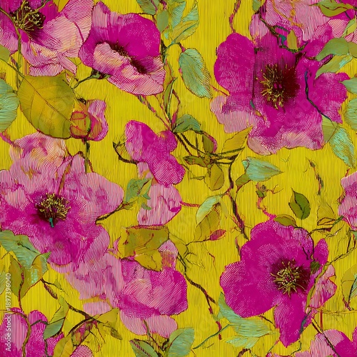 A vibrant floral pattern featuring pink flowers and green leaves on a bright yellow background