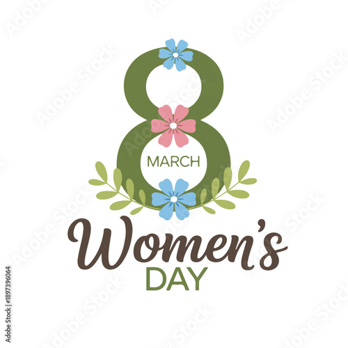 Green number 8 with March text and flowers for International Women's Day number eight