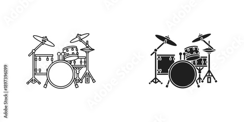 Drum Set Illustration in Black and White Outline Style