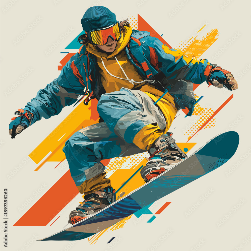 Fototapeta premium Snowboarding graphic art effect poster. Snowboarding dynamic multicolor graphic wallpaper or banner
