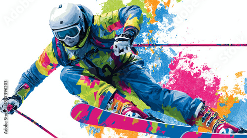 Alpine skiing graphic art effect poster. Alpine skiing dynamic multicolor graphic wallpaper or banner