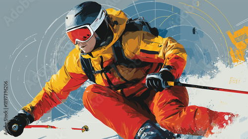 Alpine skiing graphic art effect poster. Alpine skiing dynamic multicolor graphic wallpaper or banner