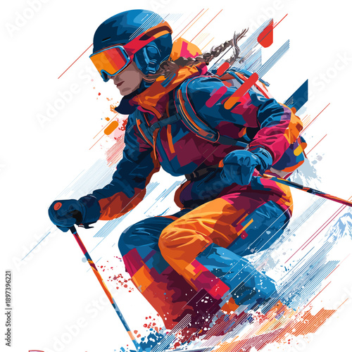 Alpine skiing graphic art effect poster. Alpine skiing dynamic multicolor graphic wallpaper or banner