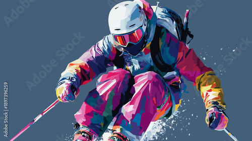 Freestyle skiing graphic art effect poster. Freestyle skiing dynamic multicolor graphic wallpaper or banner