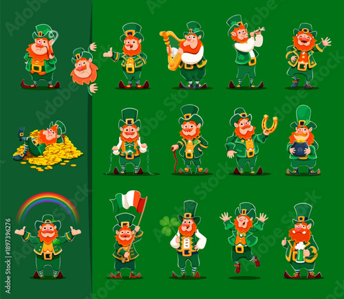 Funny leprechaun characters, happy st patricks day personages. Ireland folk holiday happy vector character. Saint Patrick cute leprechaun playing on harp, dancing, drinking ale and waving Irish flag