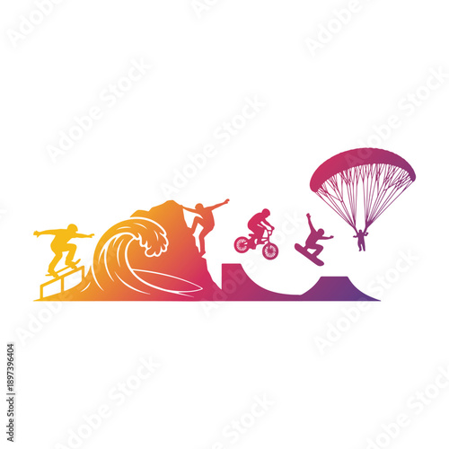 Extreme sports silhouettes on colorful gradient landscape background vector illustration.