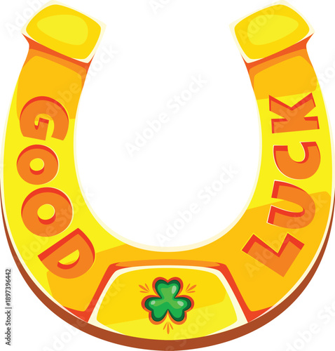 Cartoon golden horseshoe with green clover leaf. Irish Saint Patrick's day holiday icon, game asset, symbol of good luck, protection, fortune and prosperity. Vector charm represents success in Ireland