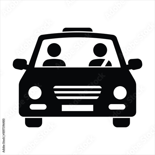 Black silhouette of a taxi cab with two passengers inside front view
