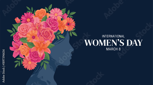 International Women's Day March 8 graphic with a silhouette of a woman's head adorned with a vibrant floral arrangement