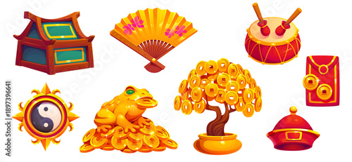 Chinese New Year fortune symbols of Asian lunar holiday, vector game asset icons. Money toad with golden coins yuanbao, Yin Yang sign and treasure chest with celebration drum and red envelope gift