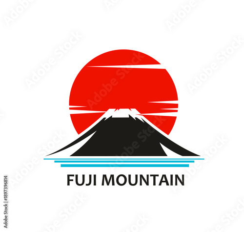 Japanese Fuji mountain peak icon with black peak, red rising sun and blue water elements. Vector emblem features minimal Japanese design for travel companies, vacation and culture company