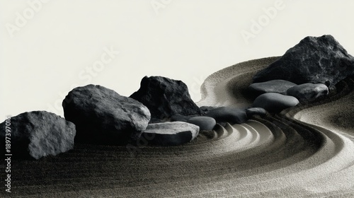 Black and white photo of S-shaped rocks on sand, zen garden inspired graphic design with soft lines and organic, nature inspired shapes on a high contrast black background with ample white space.
