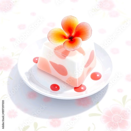 minimalist flower pattern milk jelly dessert with orange blossom on white plate high key