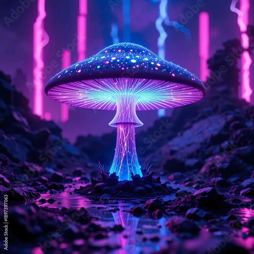 bioluminescent fantasy mushroom glowing in neon purple and blue with lightning background