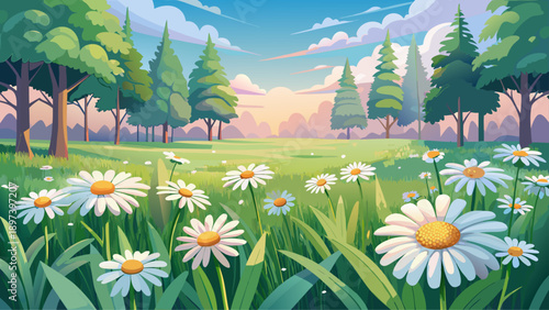 Very beautiful field of daisies in full bloom stretching toward a softly blurred forest background, creating a bright, peaceful landscape filled with simplicity, freshness, and natural charm.