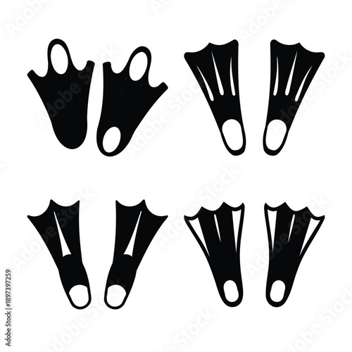 Various black silhouette swim fin and flipper designs for water sports and diving activities