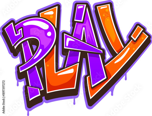 Play urban graffiti, urban wall artwork typography. Urban graffiti tag, street airbrush vector spray text. Hip Hop cool artwork or ghetto wall paint drawing with orange and purple glossy letters