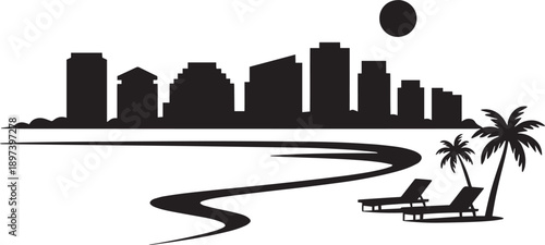 Modern city skyline silhouette overlooking tropical beach with palm trees and deck chairs