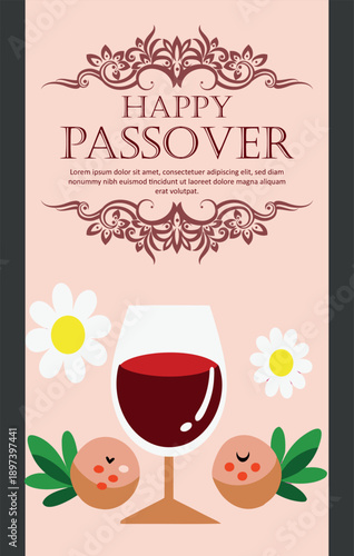 Happy passover greeting card with festive wine, spring flowers, and traditional elements