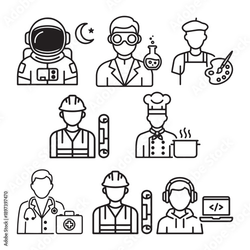 Set of various profession character avatars line art icons design vector illustration.
