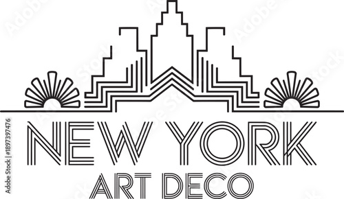 New york city art deco style typography logo with stylized building lines and sunbursts