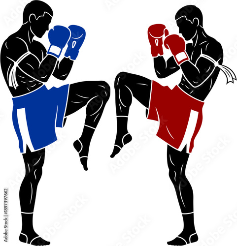 muaythai fight, silhouette, flat design, isolated on white.