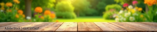 Empty wooden table in vibrant summer backyard, mockup, occasion
