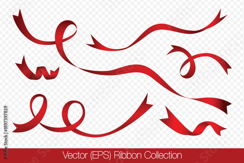 Realistic set of red ribbons isolated on a transparent background, featuring curved ribbons in different lengths, twists, and shapes. Vector illustration for holiday decorations and graphic project