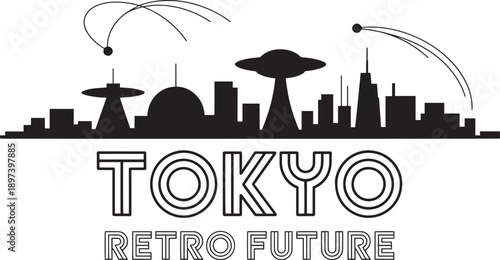 Retro future Tokyo city skyline silhouette with futuristic buildings and flying saucers