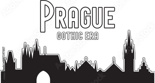Prague gothic era skyline vector art with historical towers and castle silhouette design