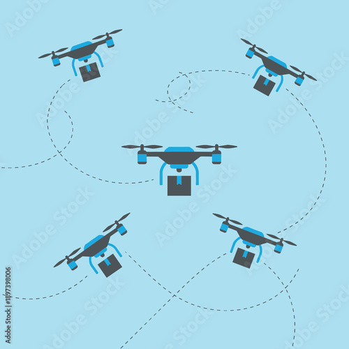 Fleet of Delivery Drones Carrying Parcels in the Sky with Dotted Motion Path Lines Representing Modern Logistics and Autonomous Shipping Technology