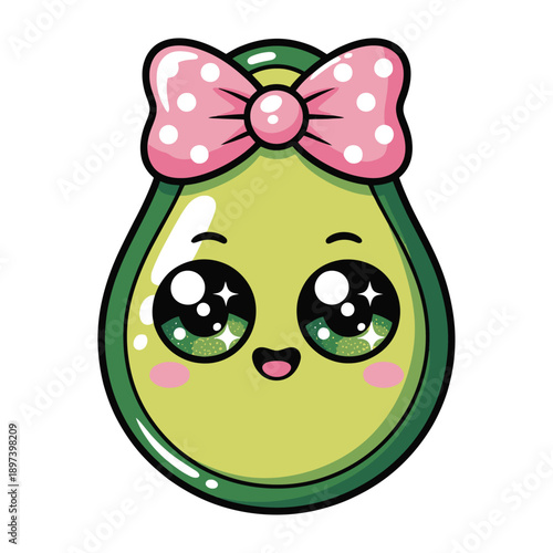 A charming cartoon avocado with large sparkling eyes and a pink polka dot bow adorning its head is presented with a cheerful expression.