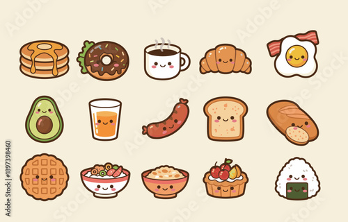 Comprehensive Breakfast Food Icon Set in Kawaii Style, Featuring Pancakes, Coffee, Croissants, Eggs, Avocado, Toast, Waffles and Healthy Bowls