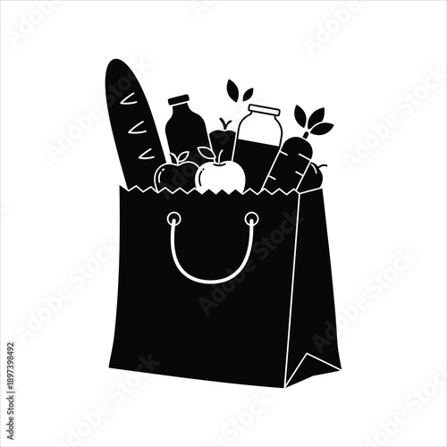 Black and white illustration of a paper bag filled with groceries
