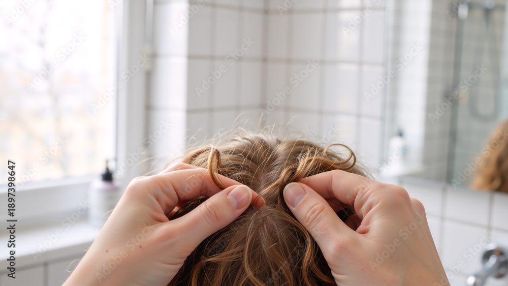 Naklejka premium Woman checking scalp and hair roots for dandruff or hair loss. Person inspecting wet red hair in bathroom. Hair care and hygiene concept