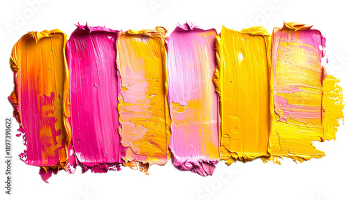 Photo yellow pink grunge brush strokes oil paint isolated on white, top view, clipping path