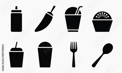 Collection of eight black icons for condiments, peppers, drinks, and dishes.