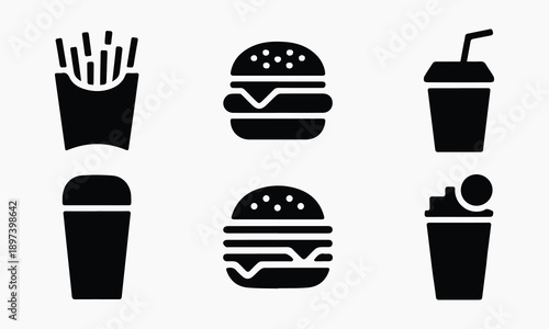 Group of six icons representing fast food items: burgers, fries, and drinks.