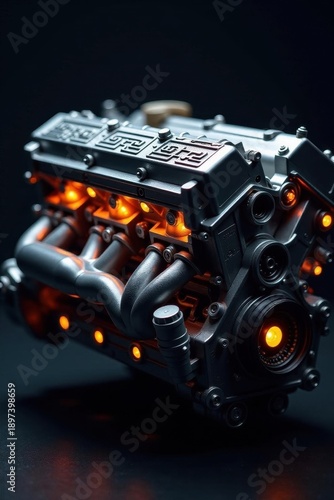 Engine block, intricate details, sharp highlights, shadow, gear