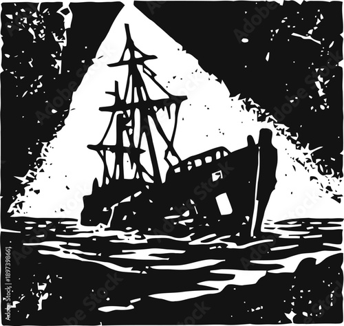 vintage shipwreck at sea with distressed texture, old sailing boat sinking in rough water