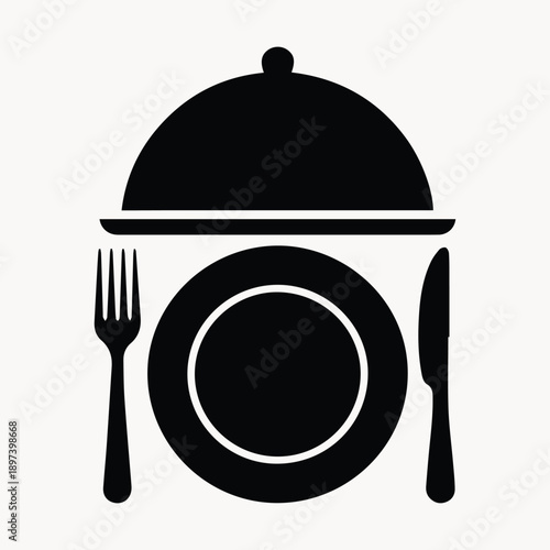 Formal dining icon with a covered dish, plate, fork, and knife, representing restaurant service.