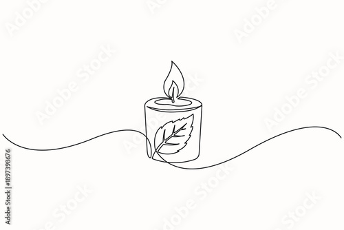 Candle leaf harmony, one line drawing, minimalist outline illustration