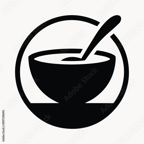Simple icon of a bowl of soup with a spoon, representing comfort food and warm meals.