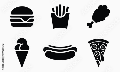 Set of six icons depicting popular fast food items like burgers, fries, pizza, and chicken.