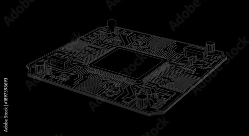 Dark technology illustration of microchip and processor representing artificial intelligence and advanced computing