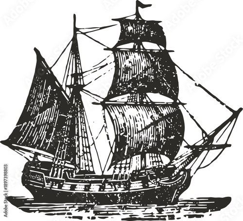 Vintage sailing ship with full sails on the water, classic ocean vessel illustration