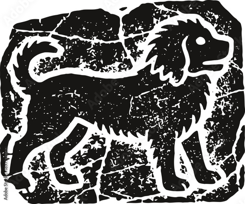 Ancient stone carving of a dog silhouette with textured cracks and rough surface