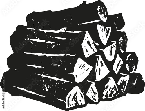 Stacked firewood logs pile with rough texture in monochrome vintage illustration